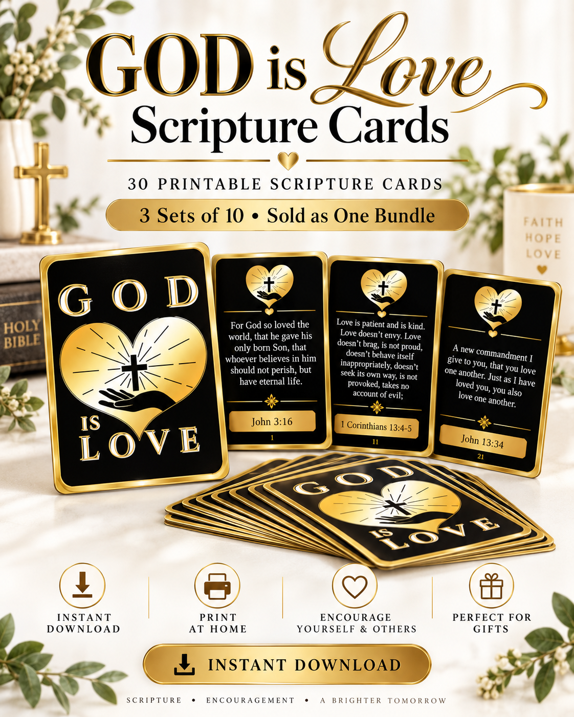 GOD is Love Scripture Cards – 30 Printable Bible Verse Cards | 3 Faith-Filled Sets | Digital Download