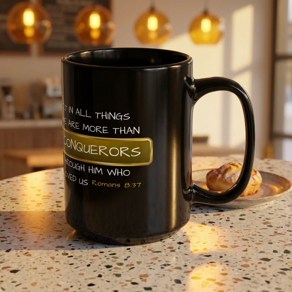 More Than Conquerors Christian Mug | 15oz Black Mug | Romans 8:37 Scripture Gift | Spiritual Faith Coffee Cup | Encouraging Bible Verse Mug