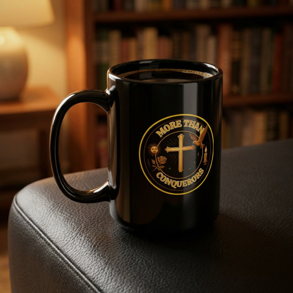 More Than Conquerors Christian Mug | 15oz Black Mug | Romans 8:37 Scripture Gift | Spiritual Faith Coffee Cup | Encouraging Bible Verse Mug