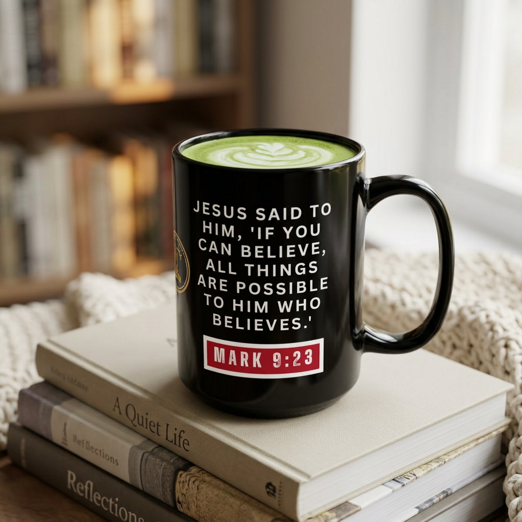 Never Stop Believing – Mark 9:23 Christian Faith Mug | Inspirational Bible Verse Coffee Cup