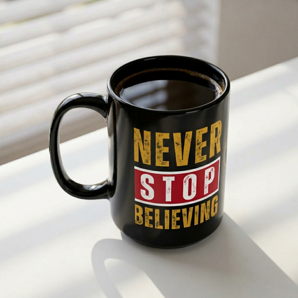 Never Stop Believing – Mark 9:23 Christian Faith Mug | Inspirational Bible Verse Coffee Cup