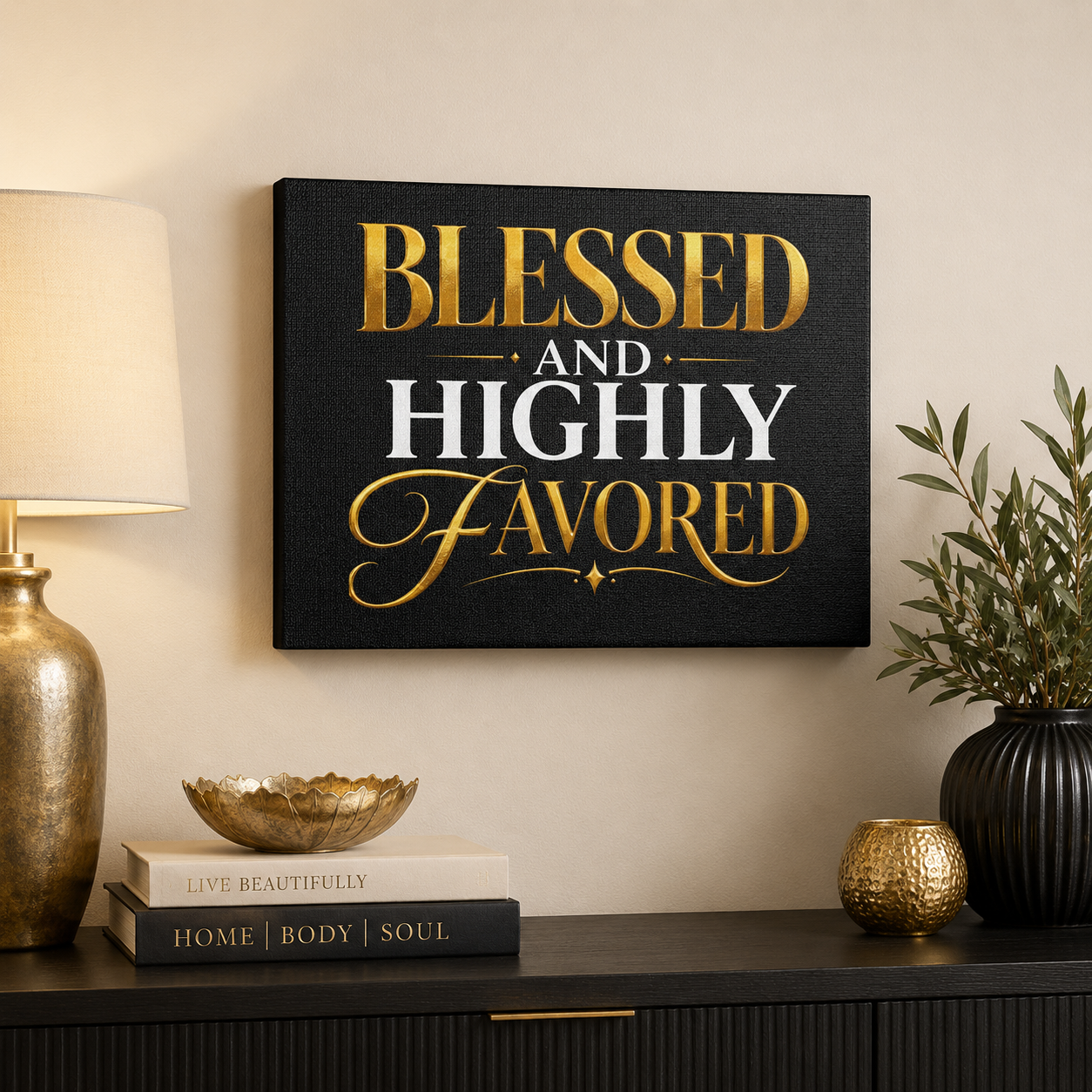 Blessed and Highly Favored Satin Canvas Wall Art | Black & Gold Christian Decor
