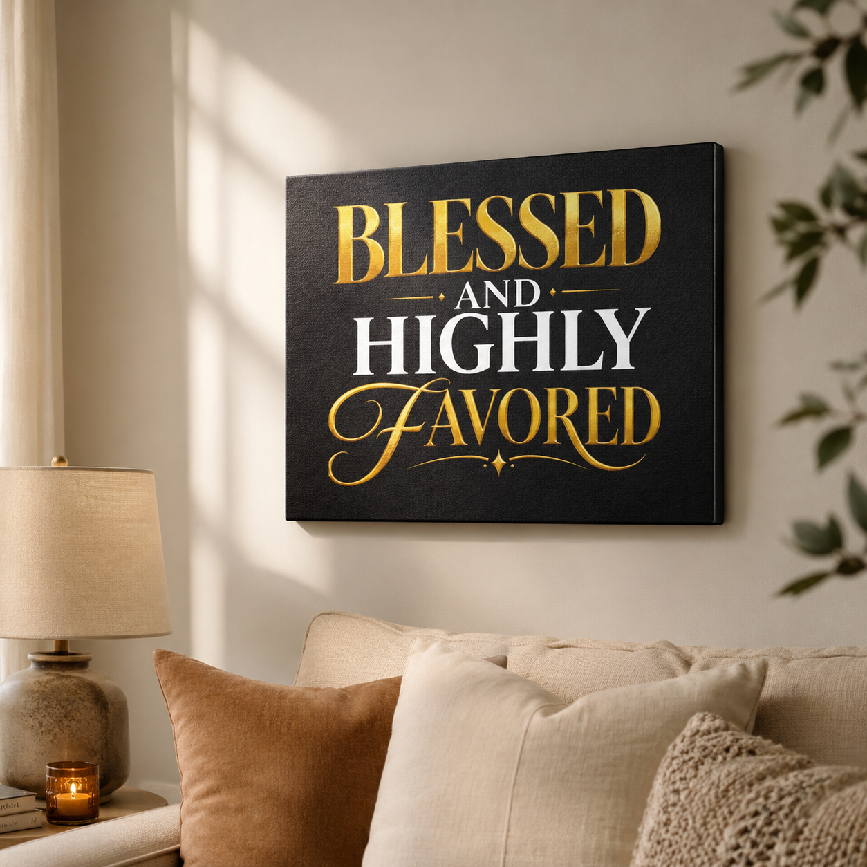 Blessed and Highly Favored Satin Canvas Wall Art | Black & Gold Christian Decor