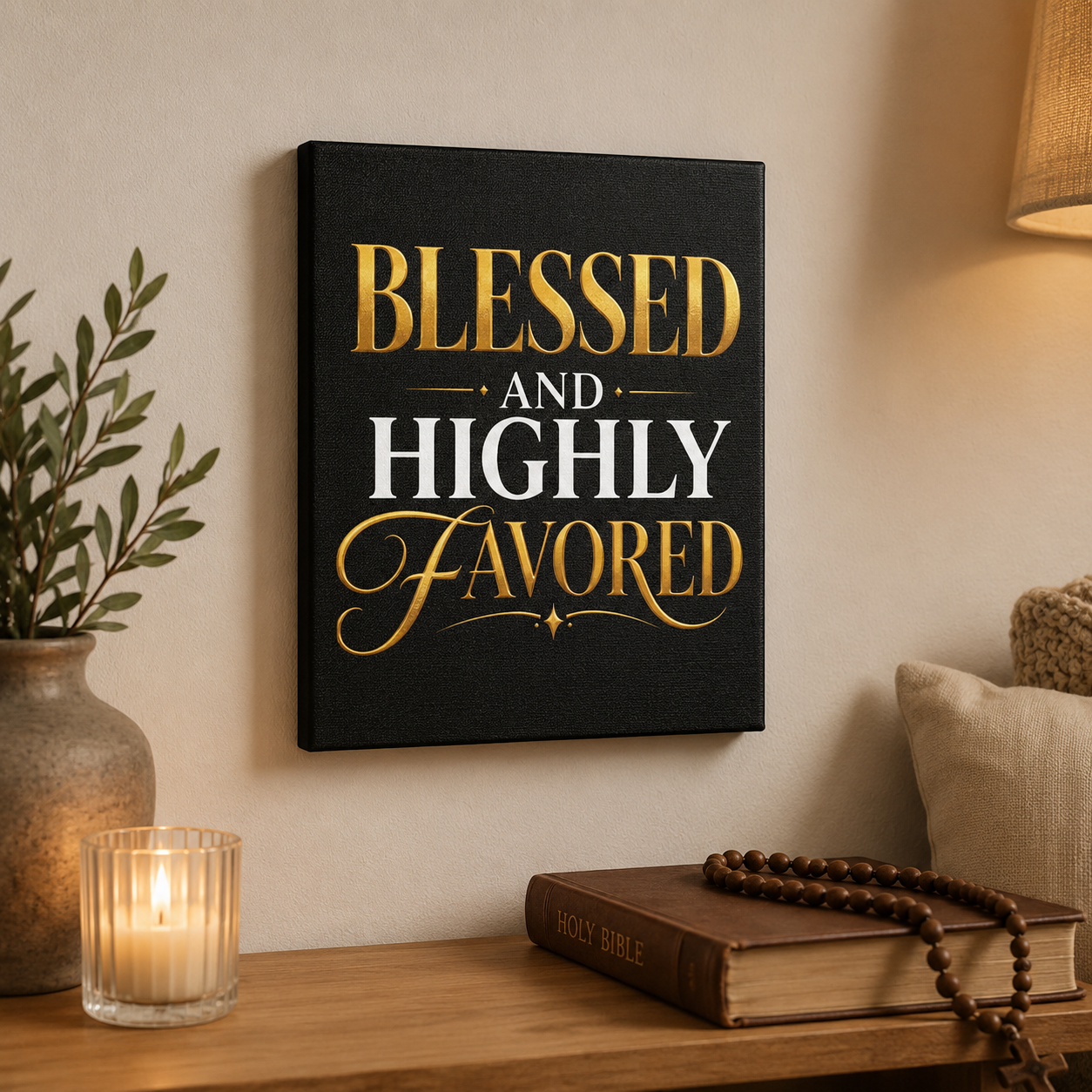 Blessed and Highly Favored Satin Canvas Wall Art | Black & Gold Christian Decor
