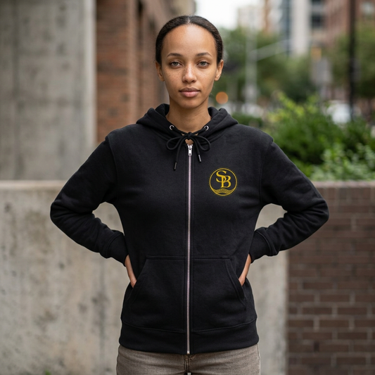 Zip Hoodie with Gold Monogram Logo - SB Emblem Chest Print