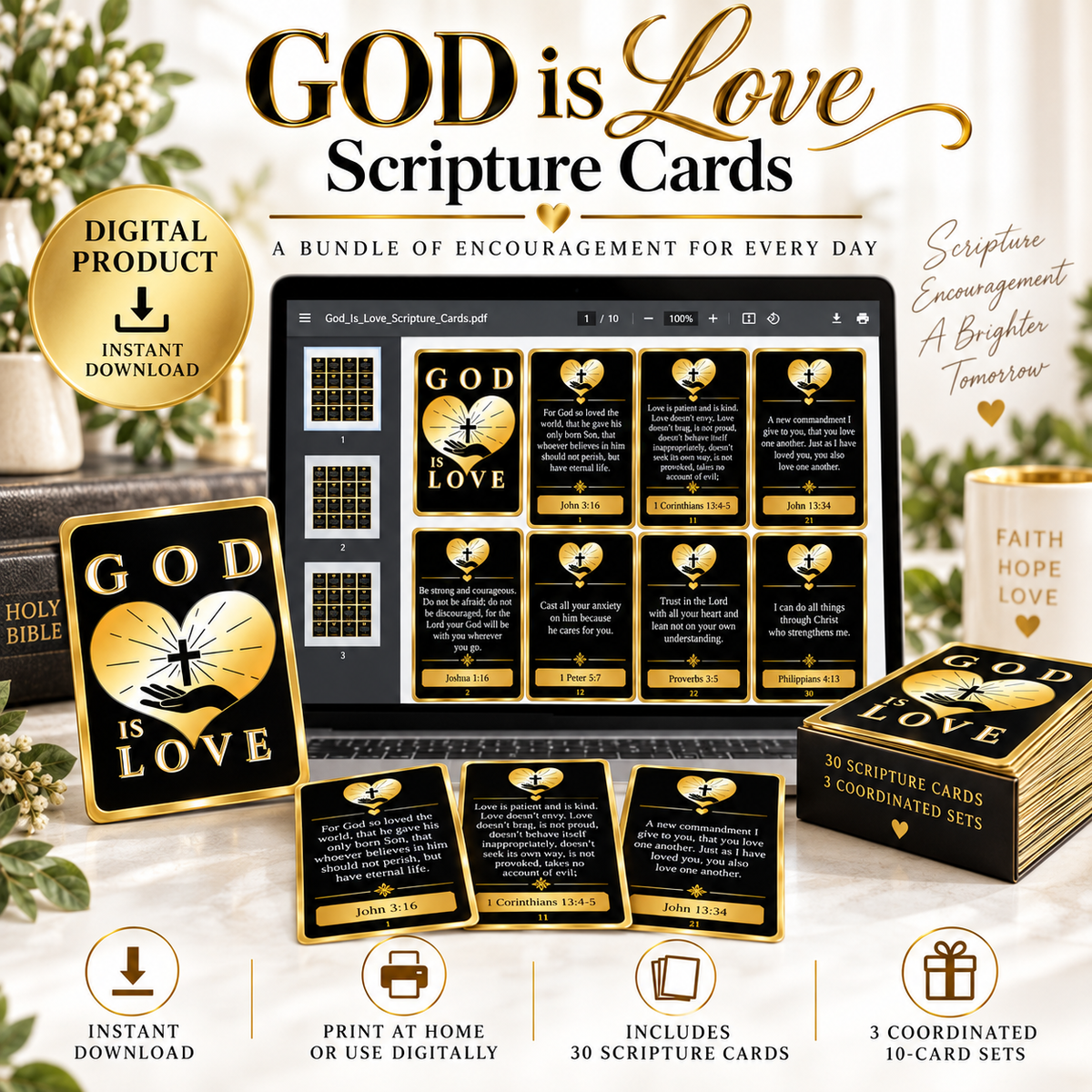GOD is Love Scripture Cards – 30 Printable Bible Verse Cards | 3 Faith-Filled Sets | Digital Download