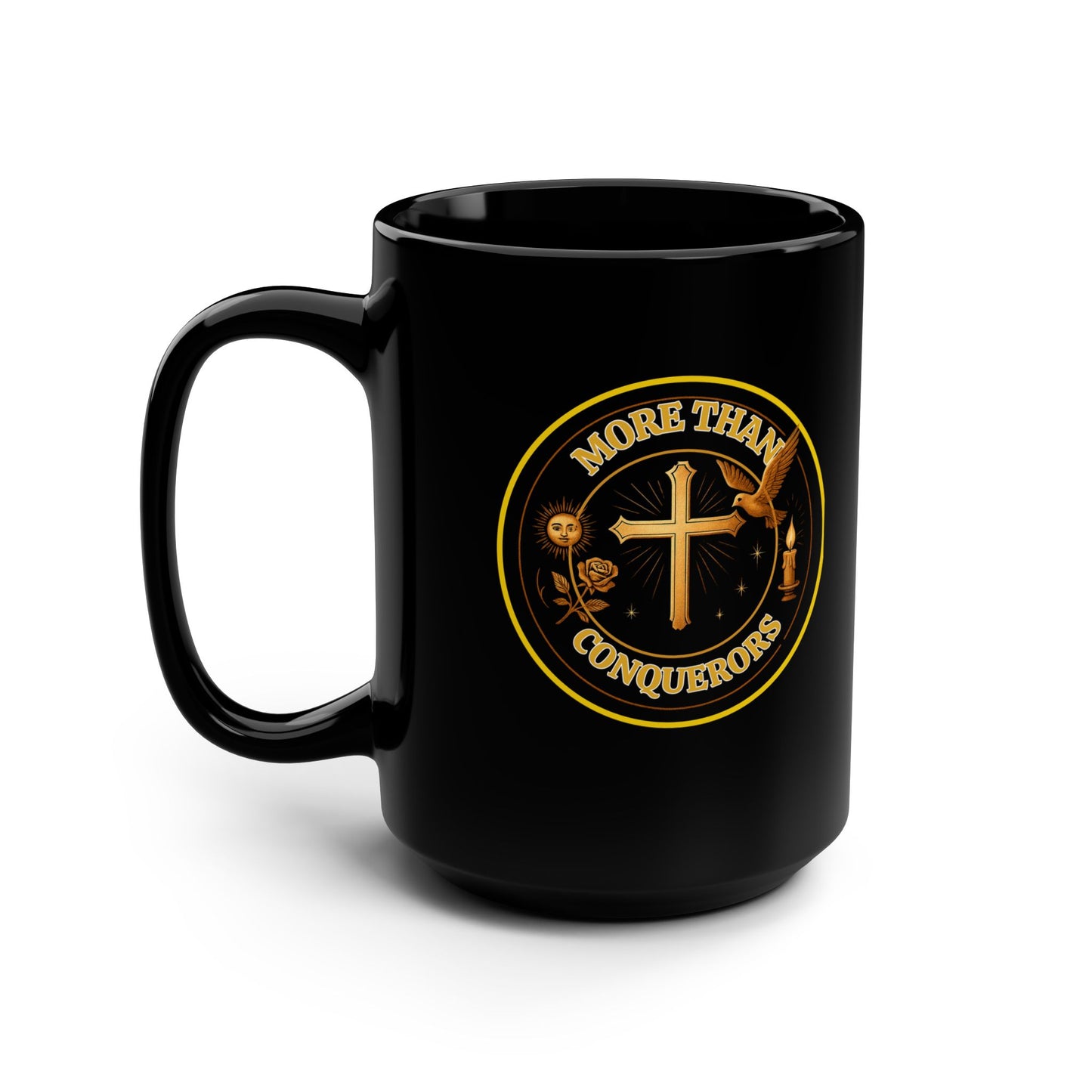 More Than Conquerors Christian Mug | 15oz Black Mug | Romans 8:37 Scripture Gift | Spiritual Faith Coffee Cup | Encouraging Bible Verse Mug
