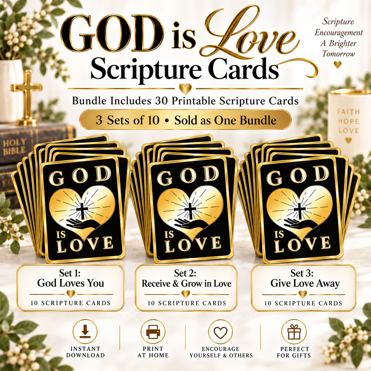 GOD is Love Scripture Cards – 30 Printable Bible Verse Cards | 3 Faith-Filled Sets | Digital Download