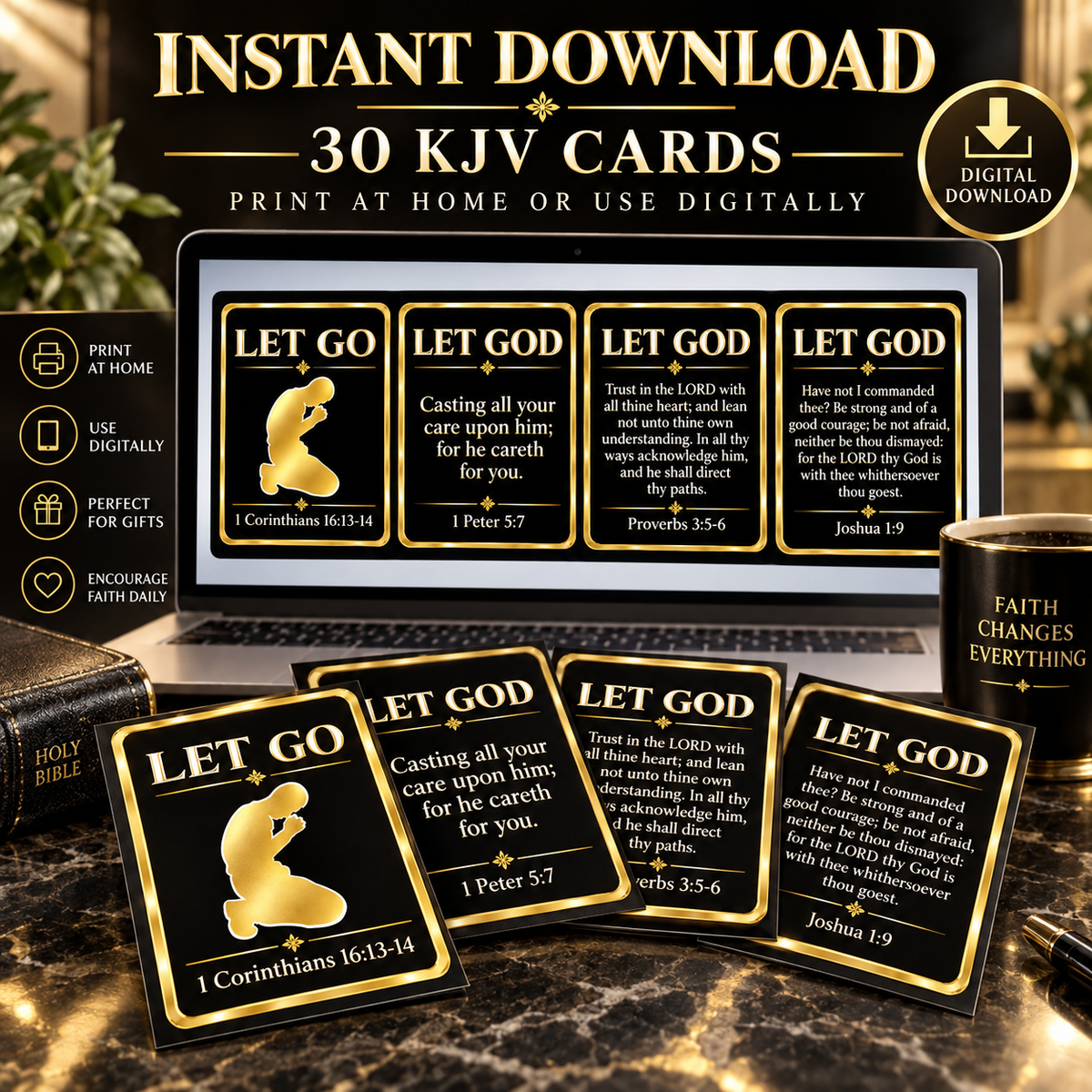 LET GO / LET GOD Scripture Cards - 30 Printable KJV Bible Verse Cards | 3 Faith-Filled Sets | Digital Download