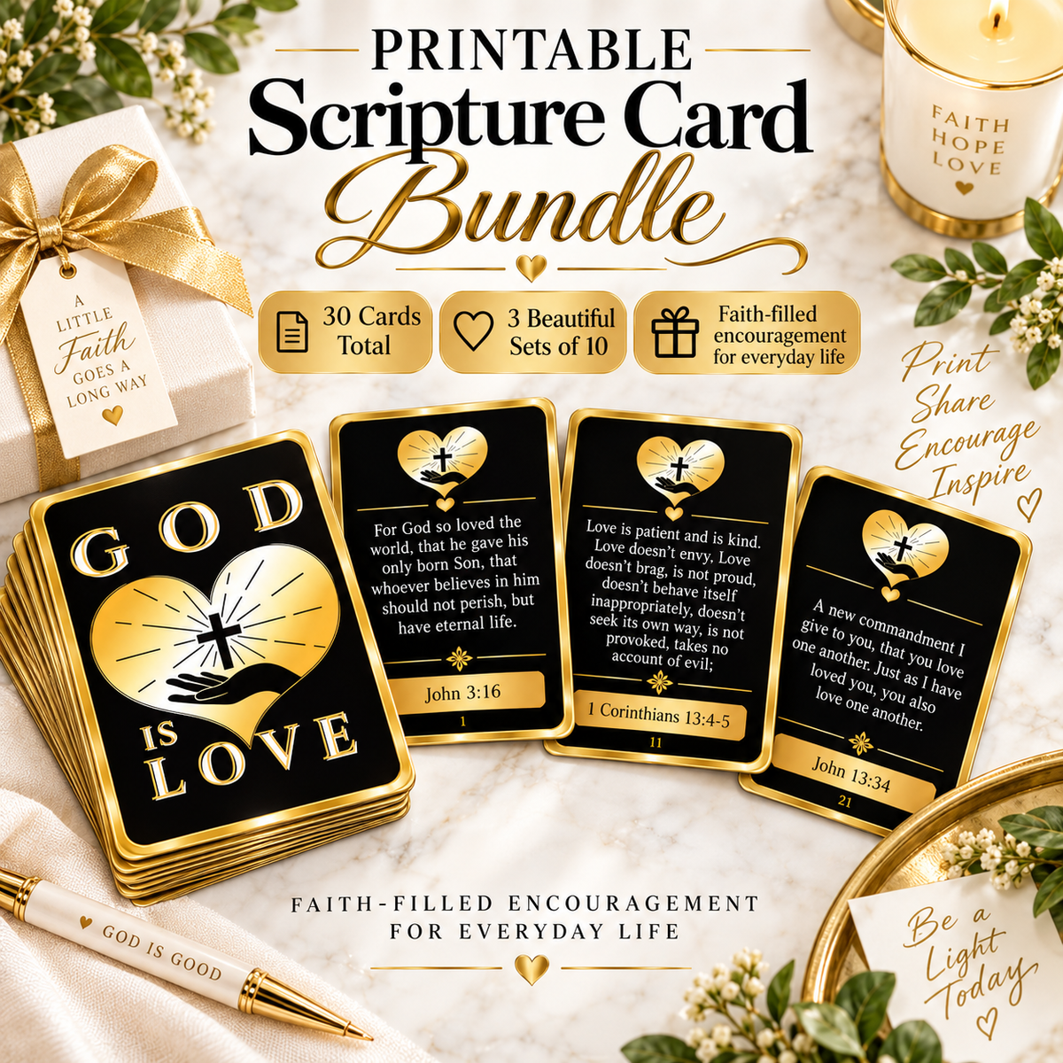 GOD is Love Scripture Cards – 30 Printable Bible Verse Cards | 3 Faith-Filled Sets | Digital Download